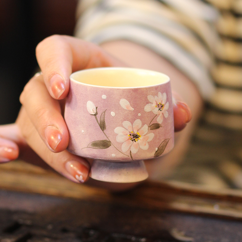 手绘小雏菊高足主人杯家用精致品茗杯喝茶茶具小清新中式粉引泡茶