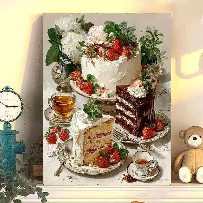 diy数字油画复古风草莓蛋糕系列手工填充填色油画解压装饰挂画