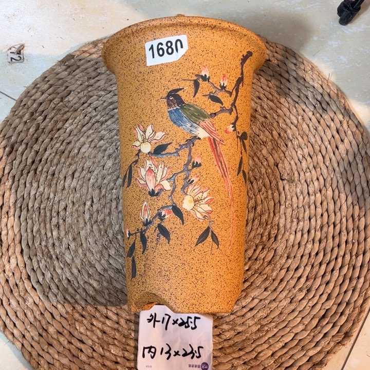 紫砂花盆  柴烧玉兰彩绘高直筒1680