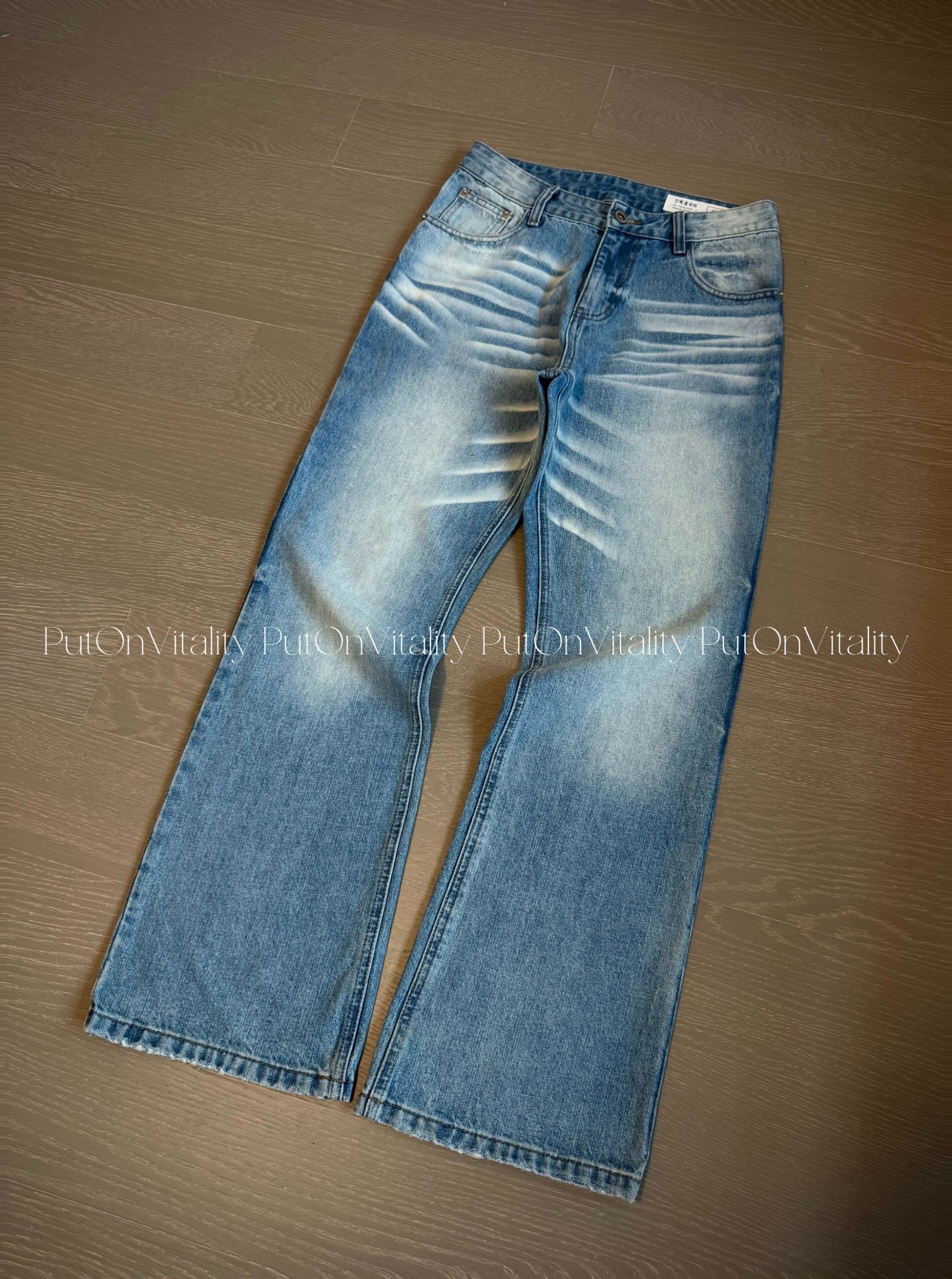 【Put On Vitality】25AW首发秋冬蓝色立体猫须微喇宽松牛仔裤 