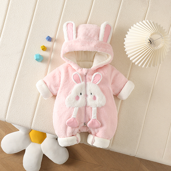 新生儿冬季新款加绒加厚女宝宝保暖连帽幼儿造型兔厚棉哈衣