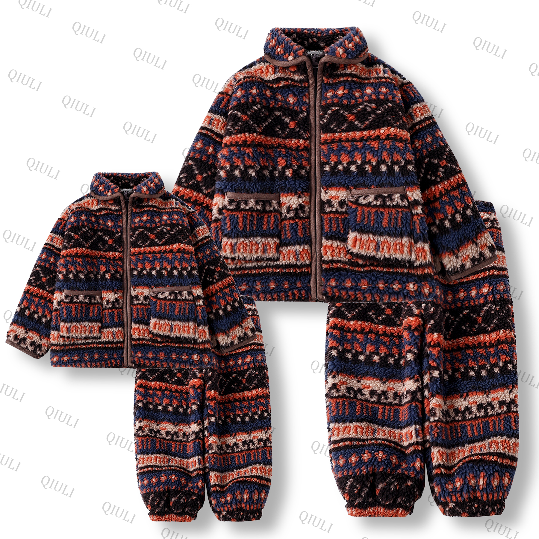 【QIULI】冬季三层夹棉“翻领费尔岛”加厚休闲保暖亲子家居服套装