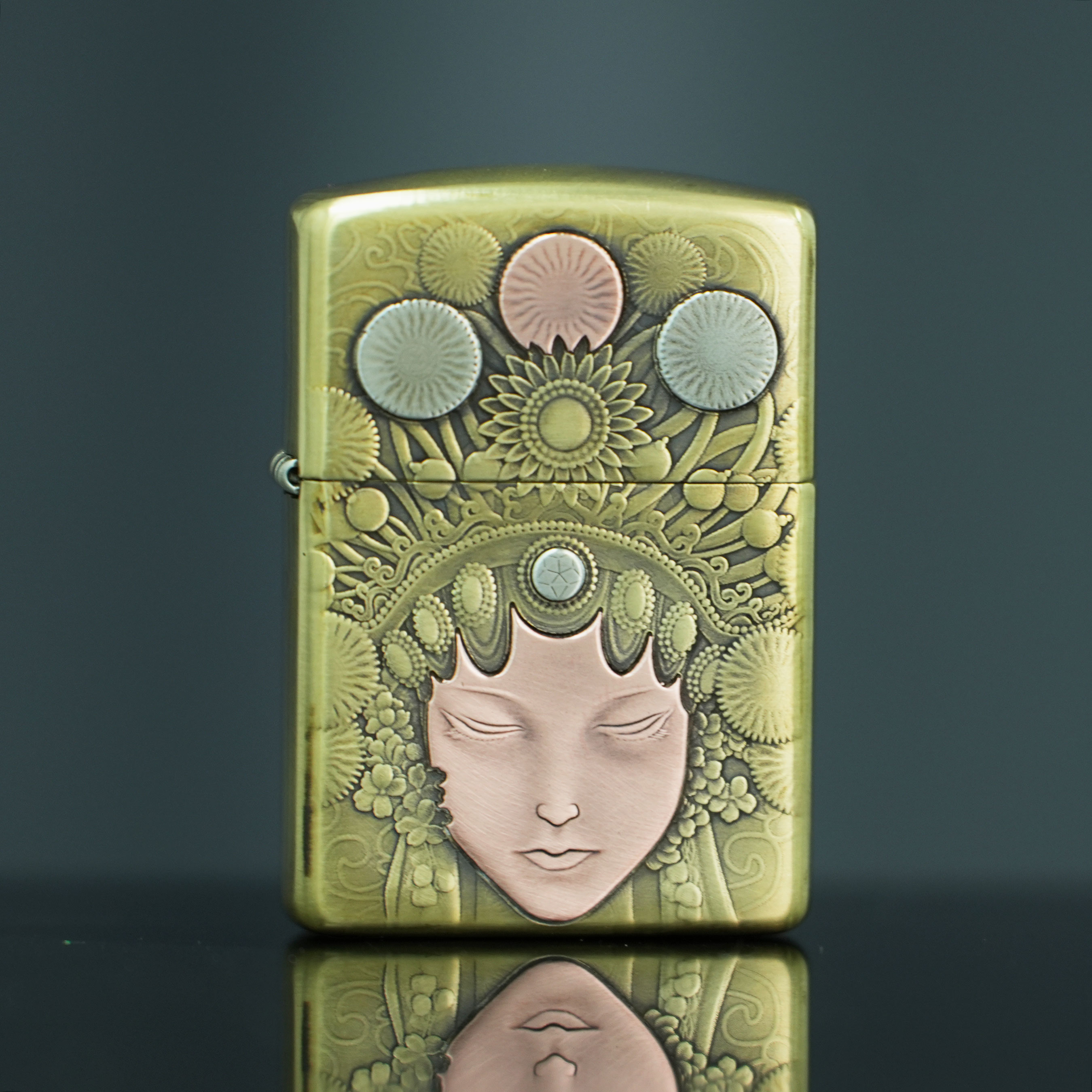 ZIPPO/之宝双面花旦纯铜盔甲紫铜镶嵌官方正品打火机复古立体DYJ1