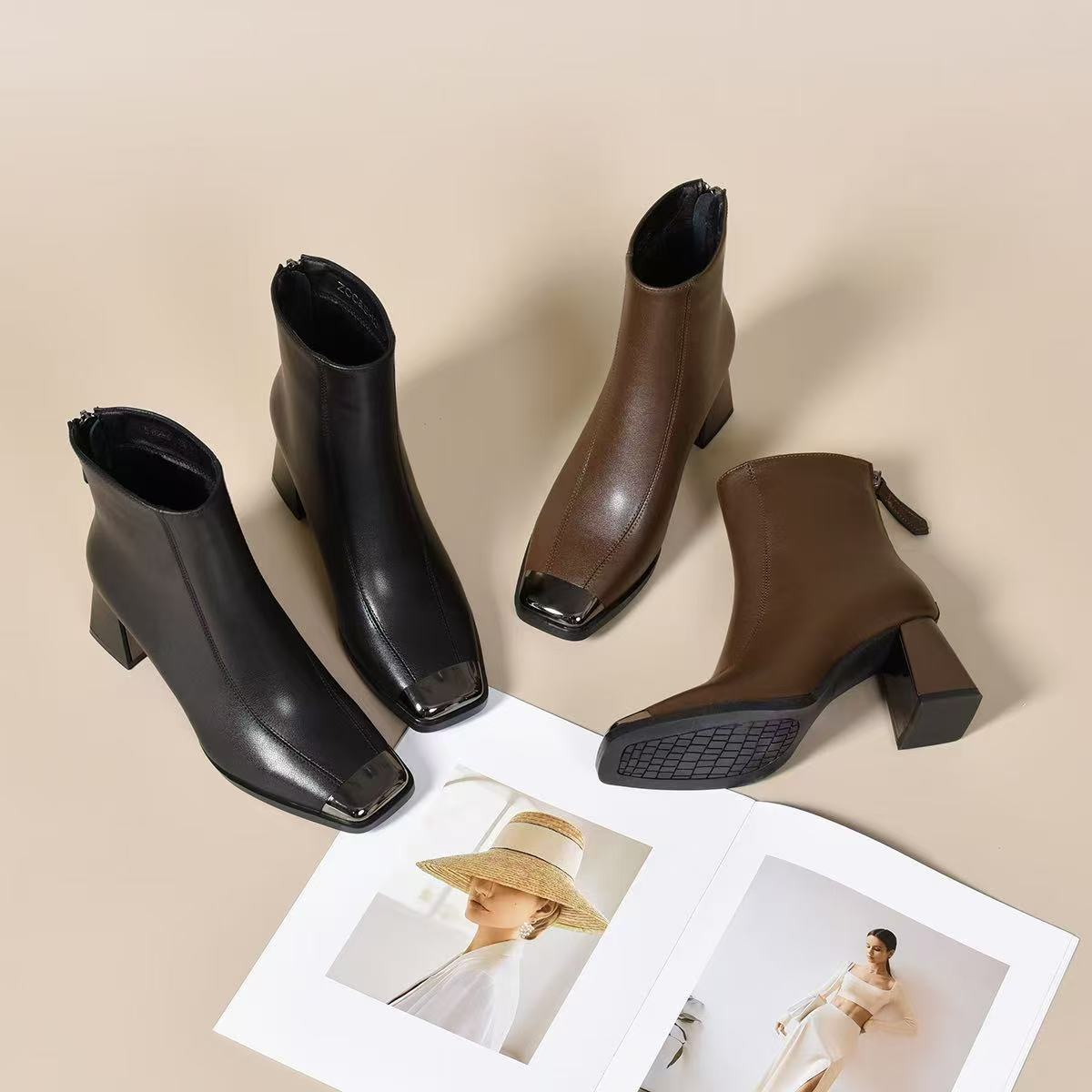 41粗跟大码软真皮马丁靴瘦瘦靴新款爆款方头4公分切尔西单靴短靴