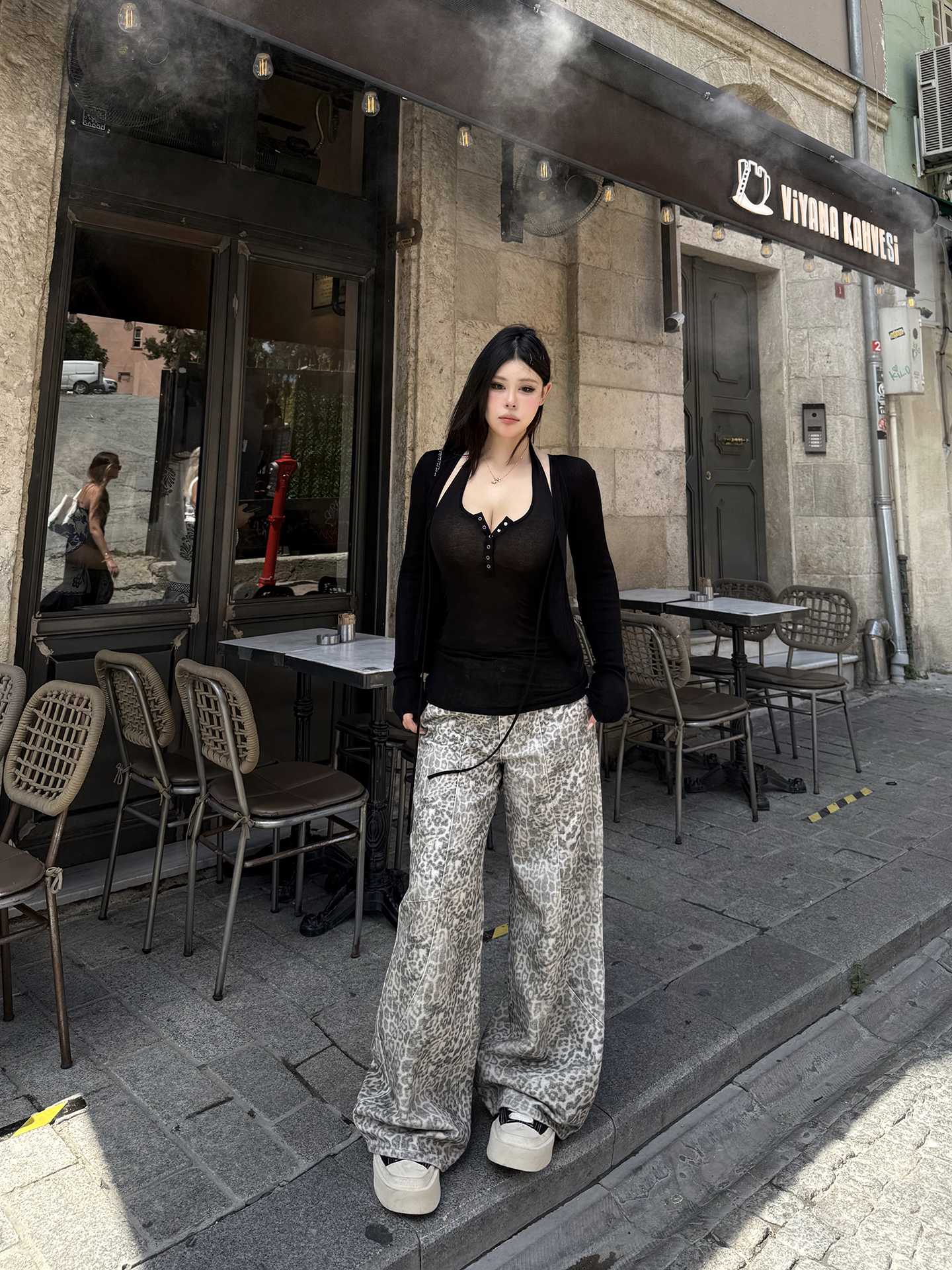 黑泽玄七夏季宽松大码时尚春夏秋直筒运动长裤口袋豹纹休闲裤子女