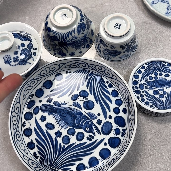 瓷片青花鱼藻5件套景德镇