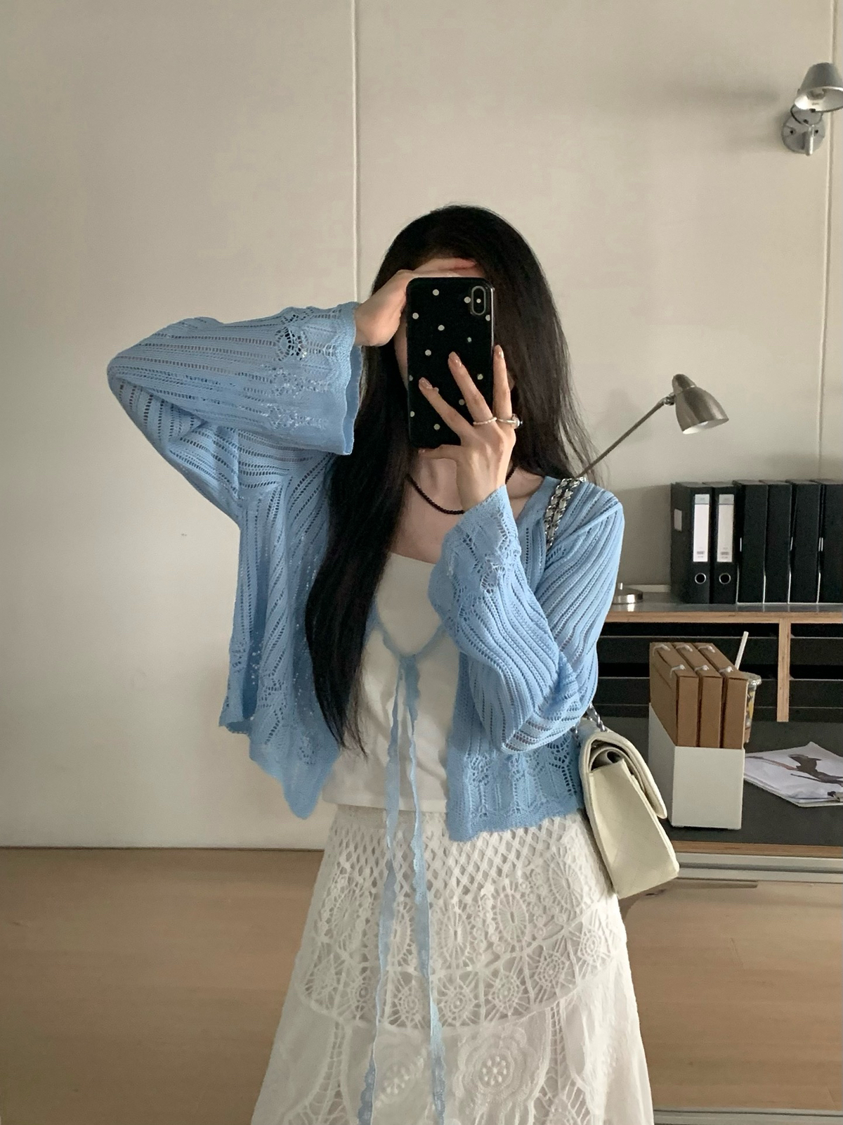 防晒喇叭袖镂空短款系带针织开衫外披肩