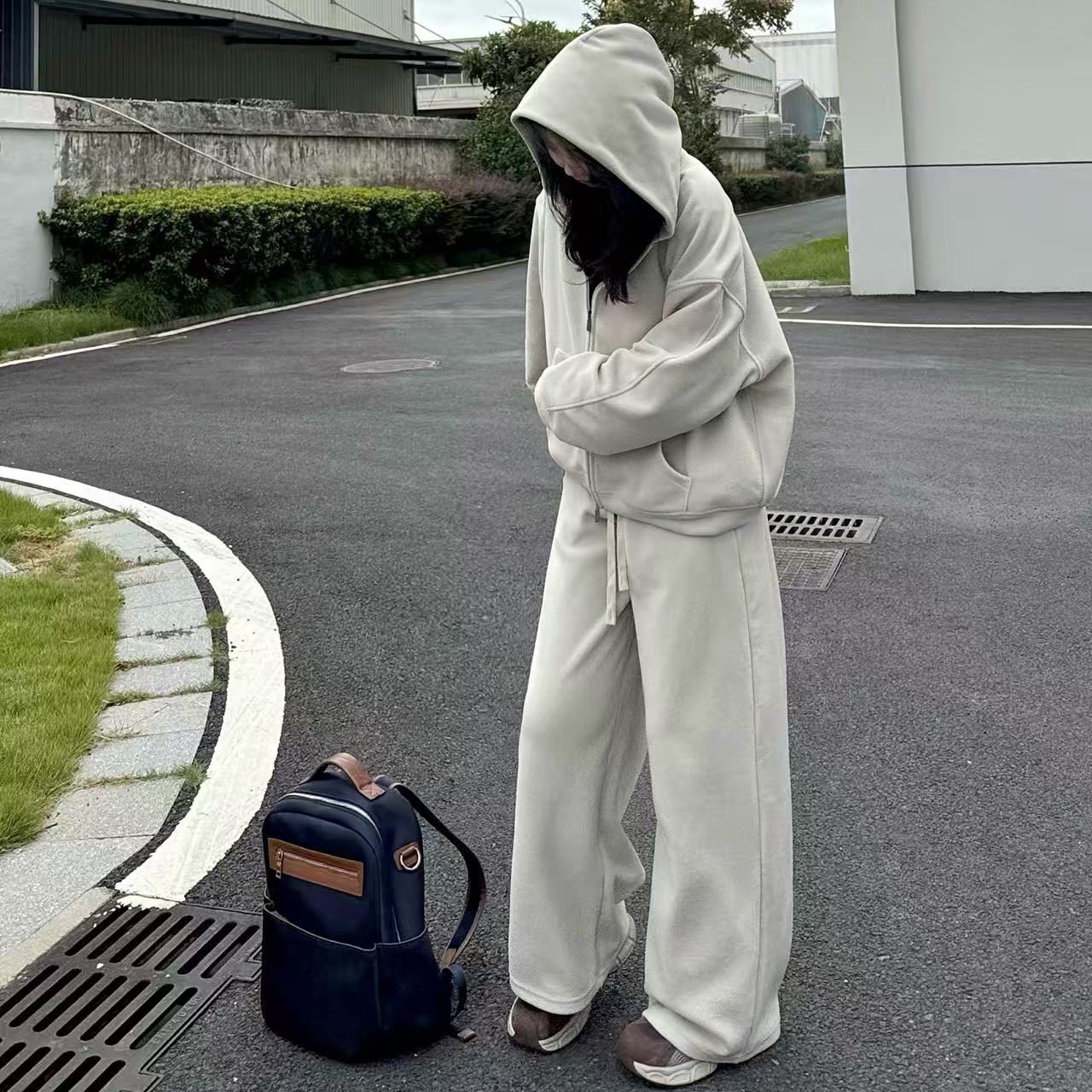 秋季韩系时尚气质休闲百搭宽松纯色通勤卫衣套装女-M25302372