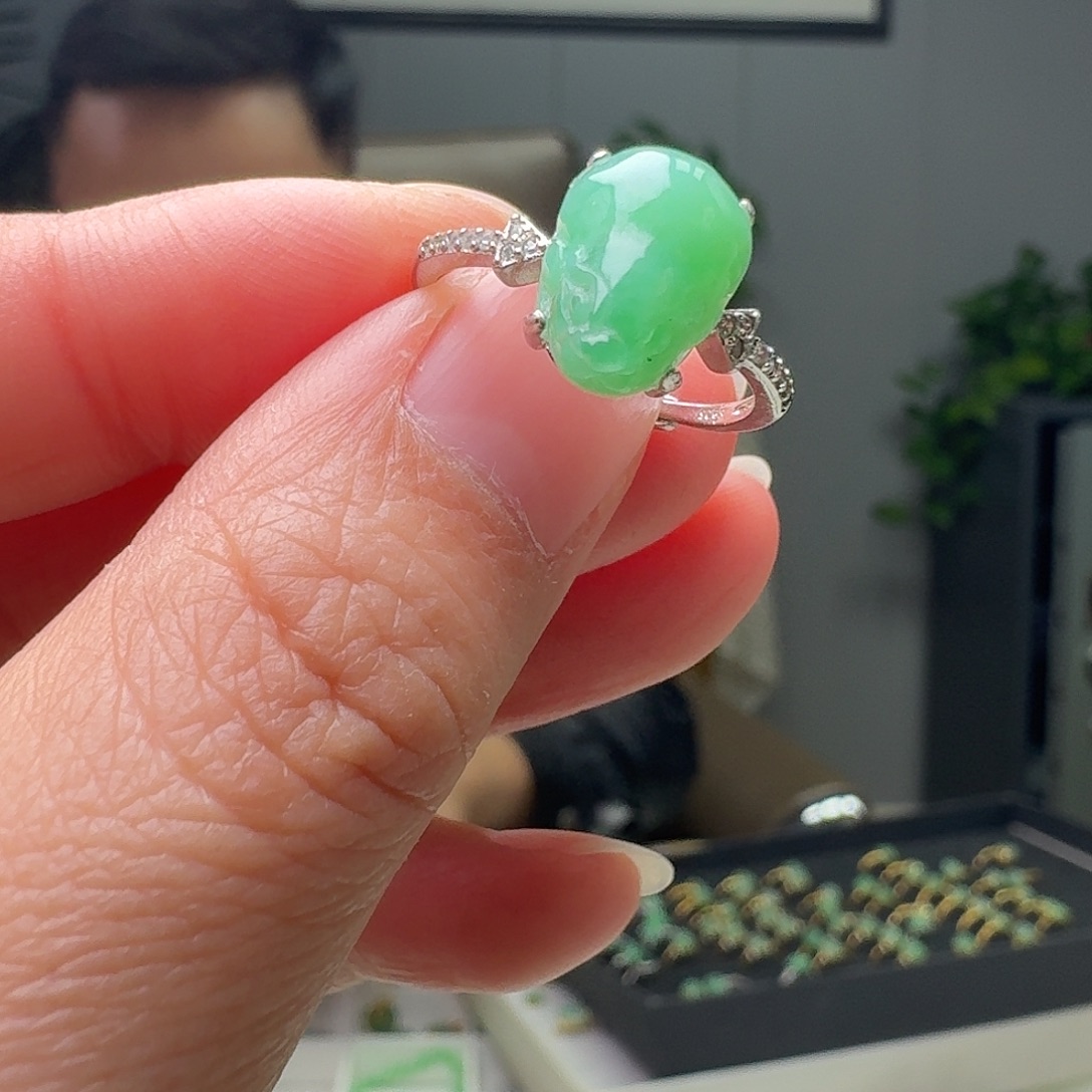 翡翠银S925镶嵌戒指天然