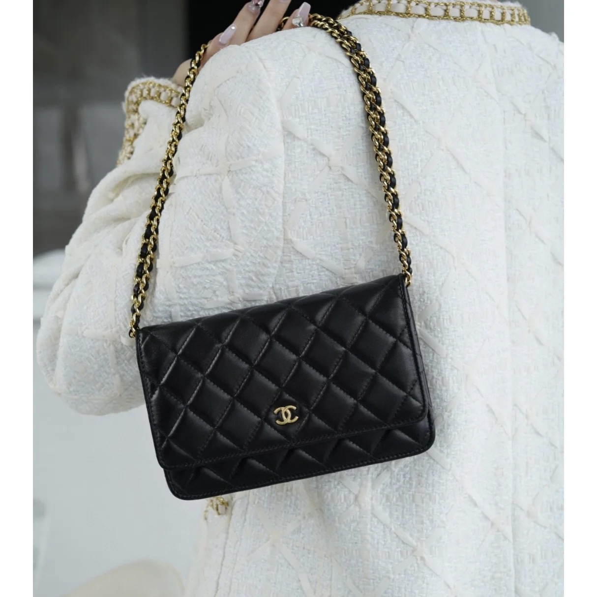 95新 Chanel/香奈儿 黑金菱格纹woc链条包
