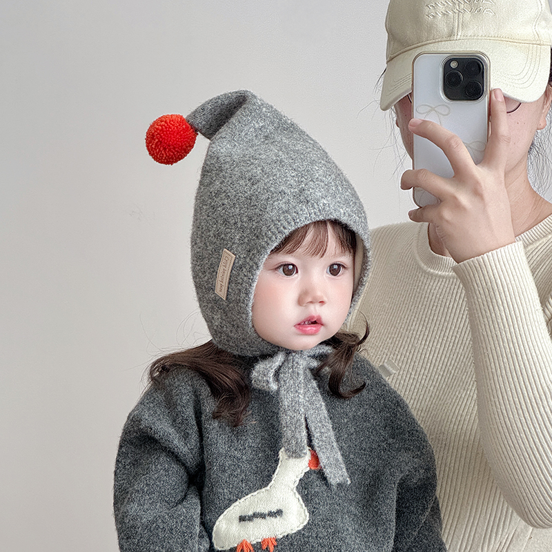 儿童帽子冬天毛线帽韩版洋气尖顶针织护耳帽男女宝宝加厚保暖防风