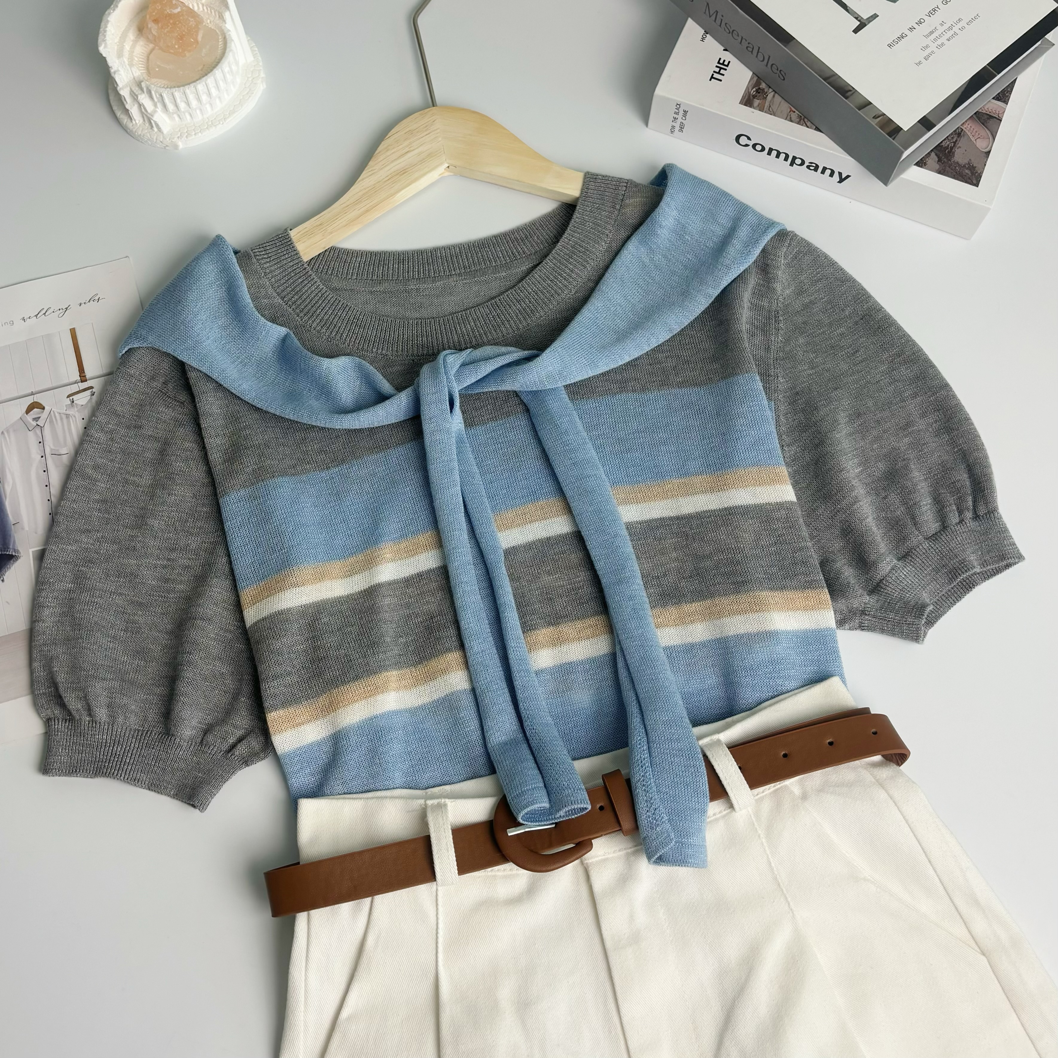 新新定制-撞色条纹款薄款微透披肩系带针织短袖138221