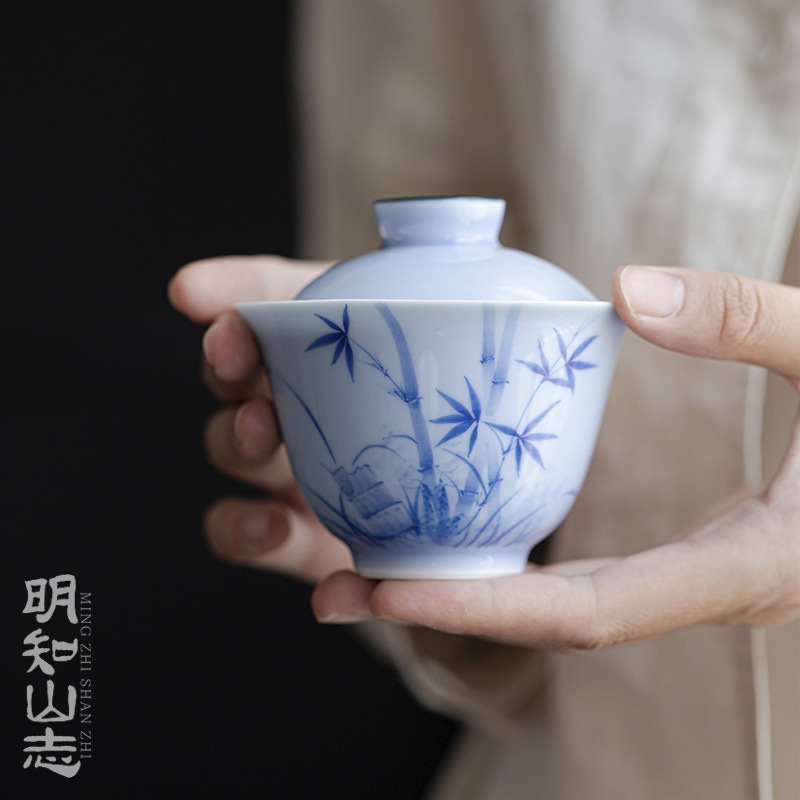 明知山志 晴山蓝斑竹枝慕言盖碗 手绘竹子陶瓷茶碗文人器家用盖碗