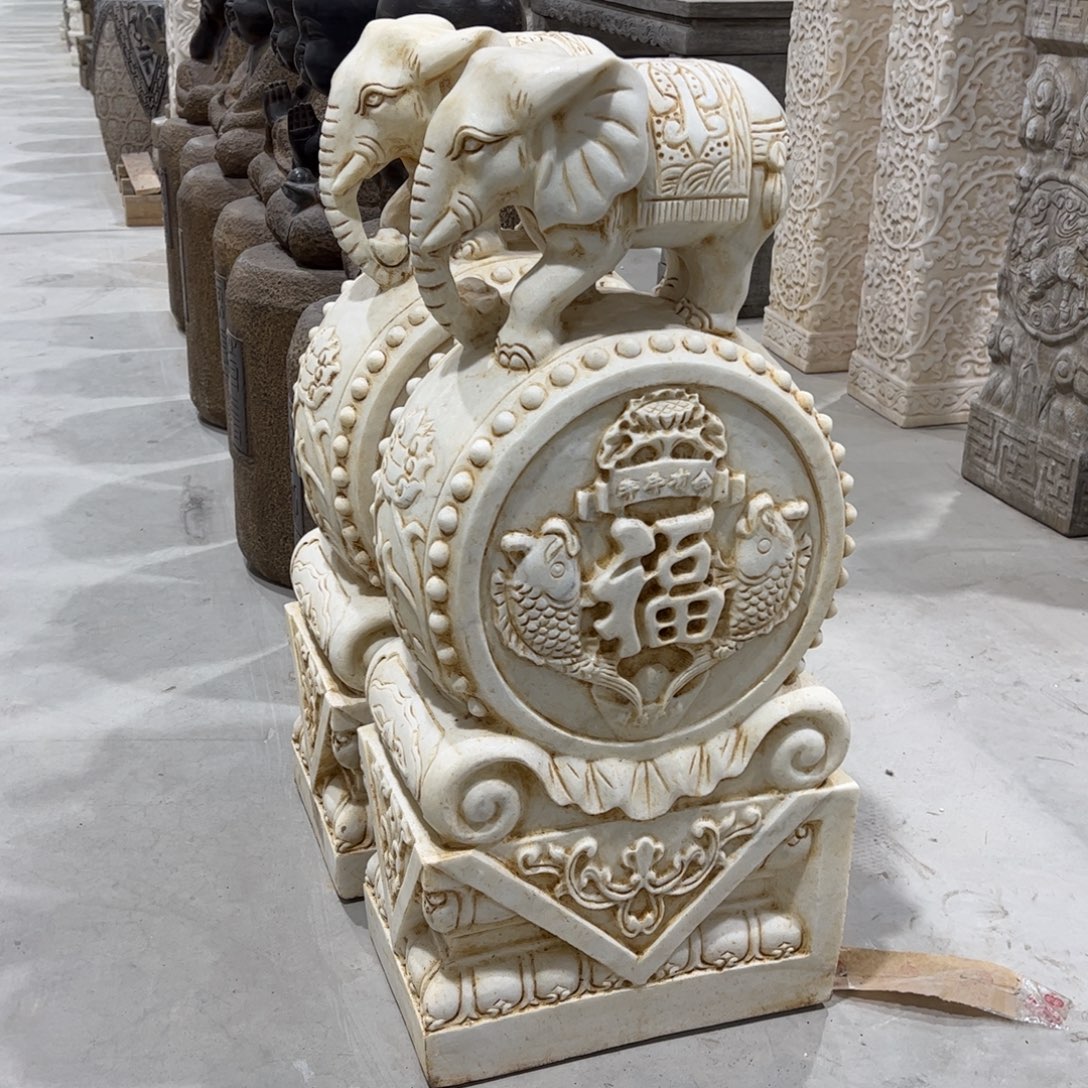 石头高80厘米 大象抱鼓石一对 天然汉白玉 不包邮