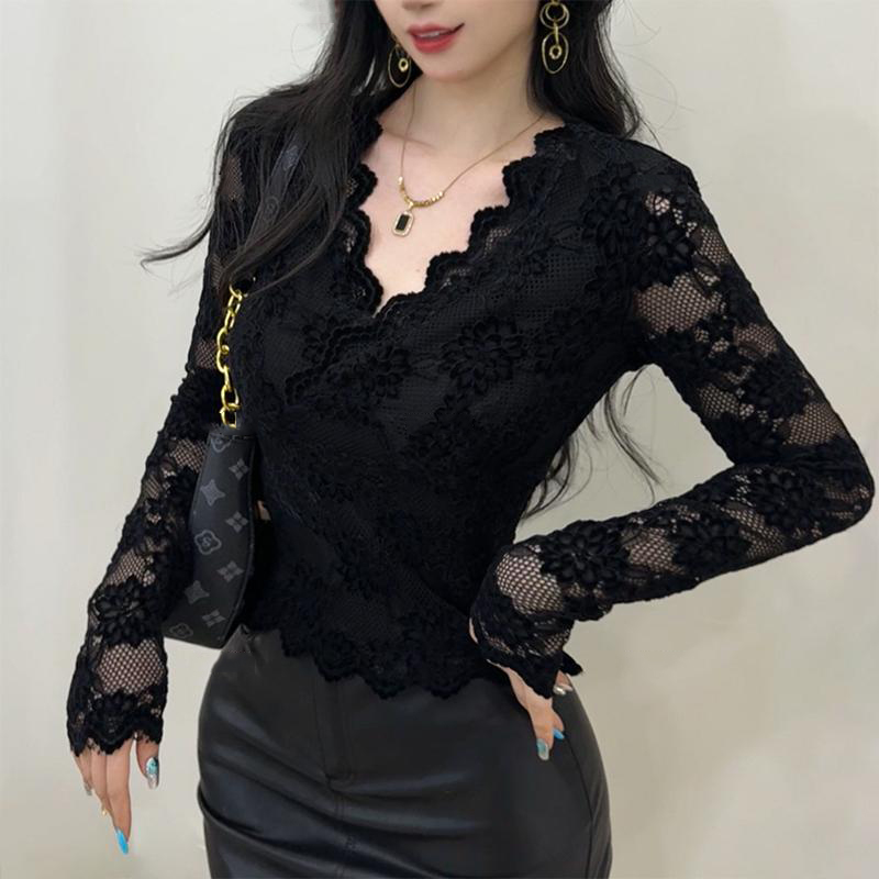 2025新款高级感V领磨毛加绒性感百搭时尚蕾丝上衣打底衫显瘦1678