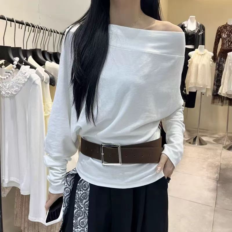 MAMIE【自带焦点】早秋法式斜领露肩针织衫女宽松显瘦长袖 配腰带