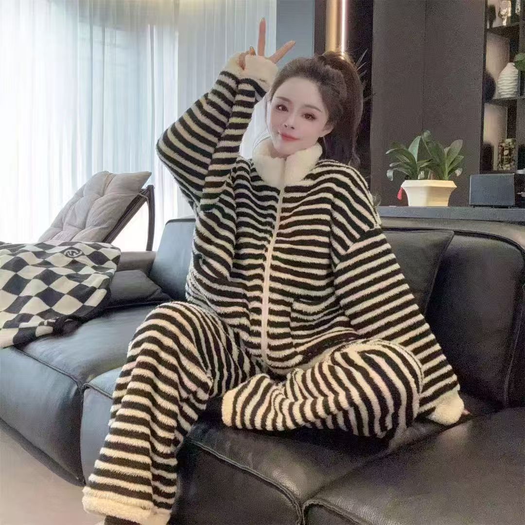  条纹网红睡衣家居服长袖套装冬款加绒加厚女士加绒加厚长款3369