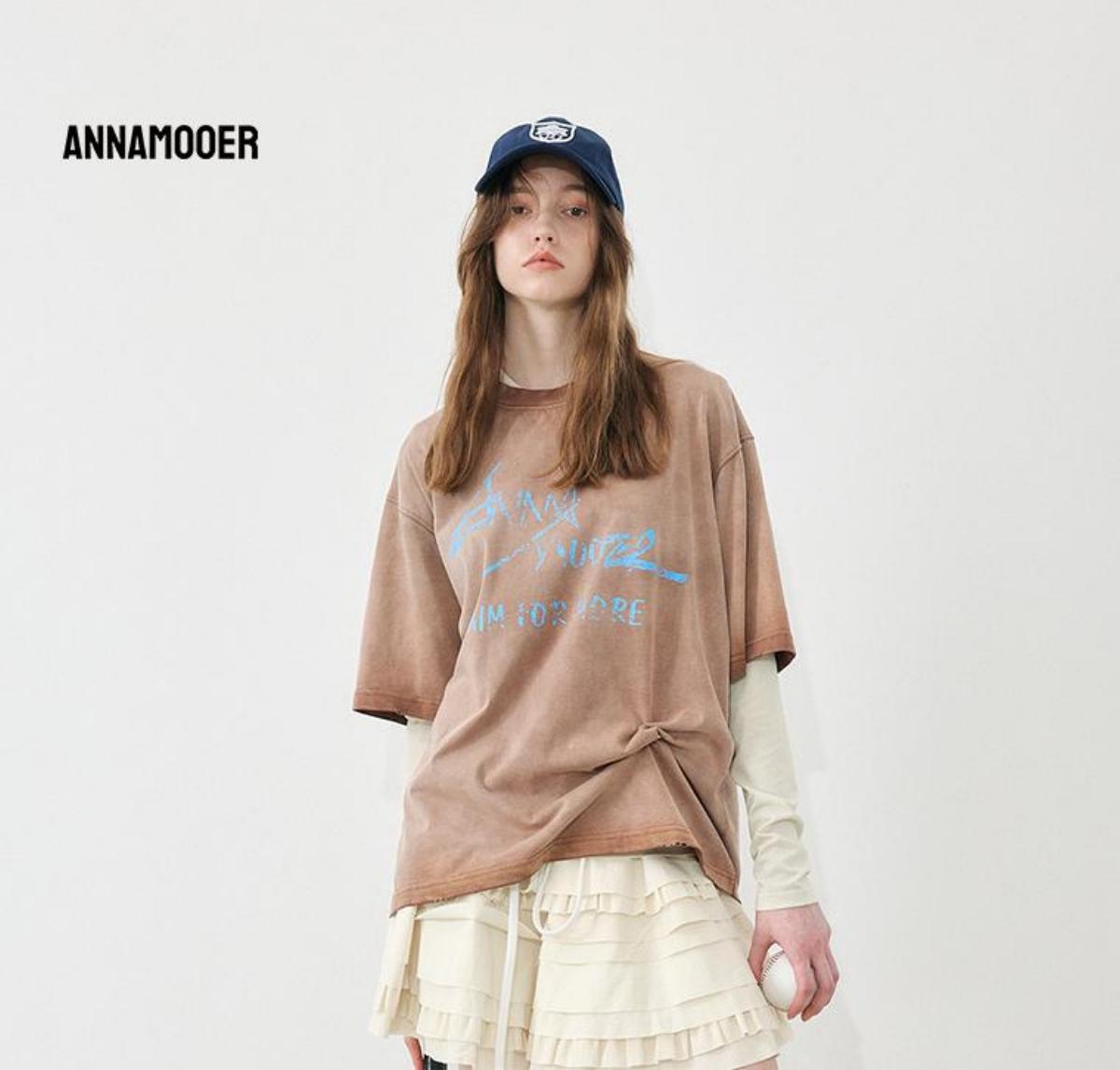 ANNAMOOER渐变做旧撞色水洗复古宽松纯棉舒适透气印花T恤 酒红