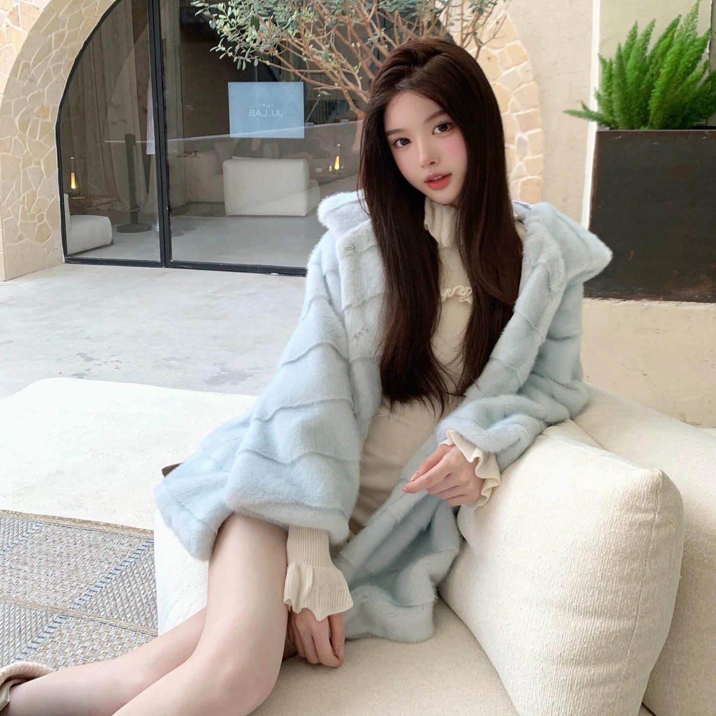 人造皮草 【娇娇貂】定染连帽中长款环保貂绒皮草氛围感毛毛外套女