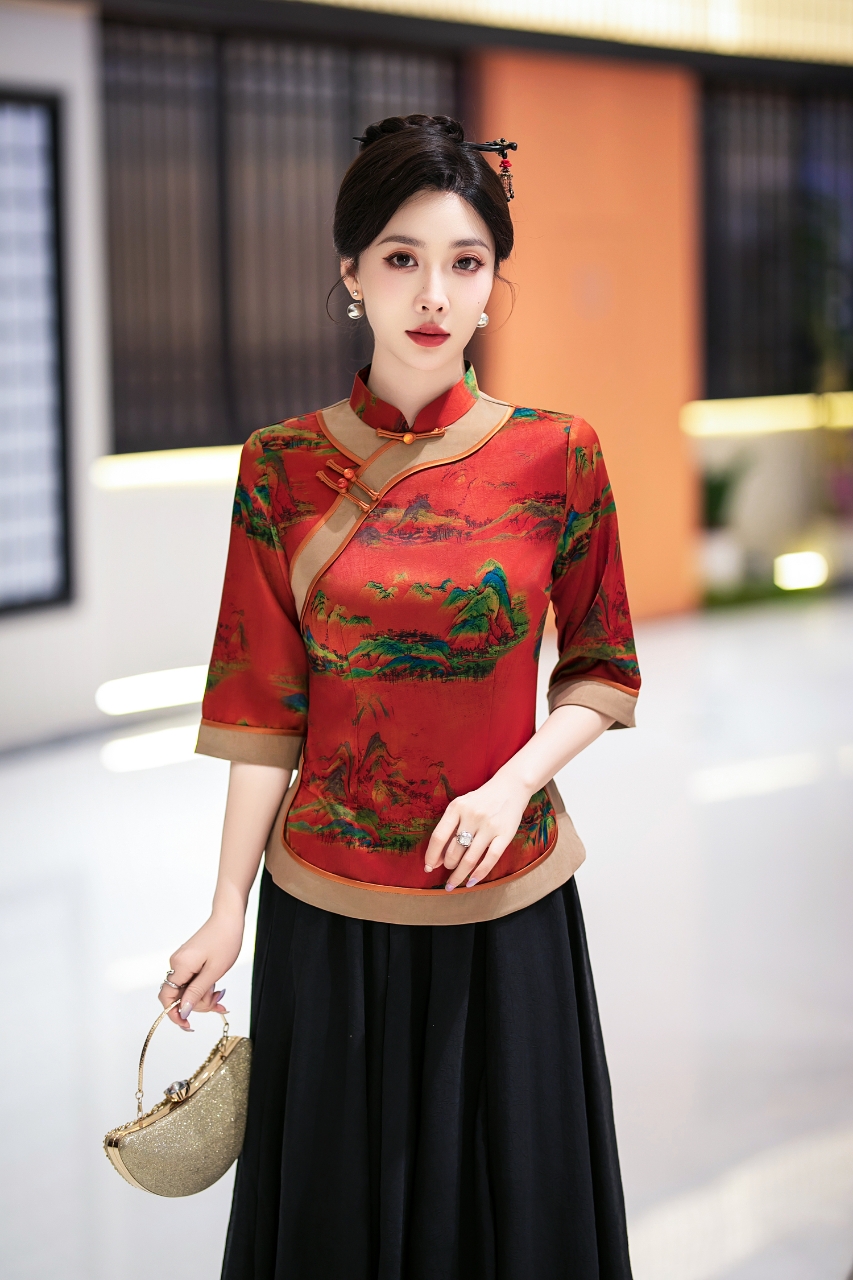 千里江山图单件小上衣中国风复古短装夏季七分袖京派旗袍气质中式