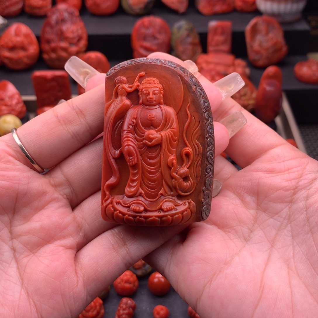 南红玛瑙南红川料原矿苏工精雕阿弥陀佛46牌未镶嵌