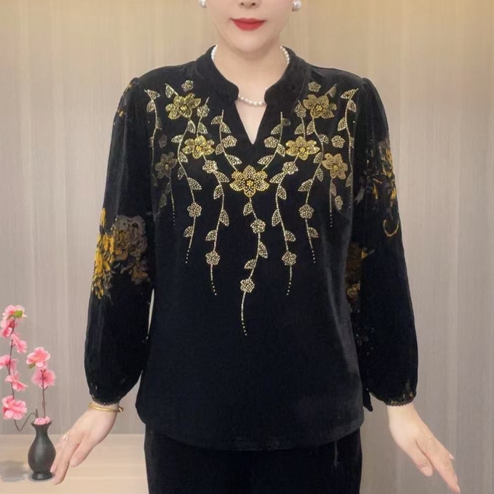 2025秋冬新款洋气时尚宽松大码遮肚丝绒烫砖中年高档女小衫