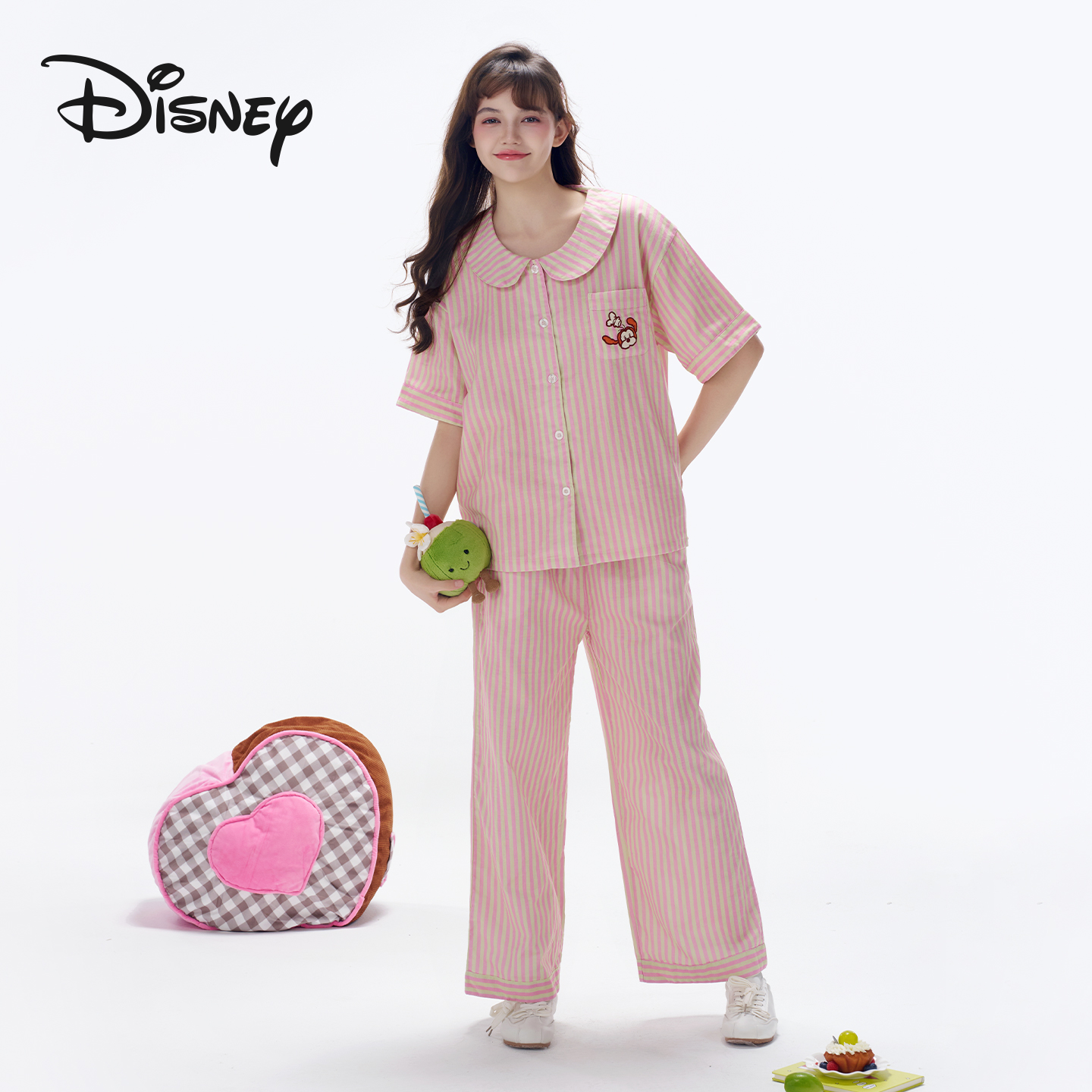 Disney/迪士尼棉纱条纹卡通简约可外穿睡衣家居服套装夏季新款