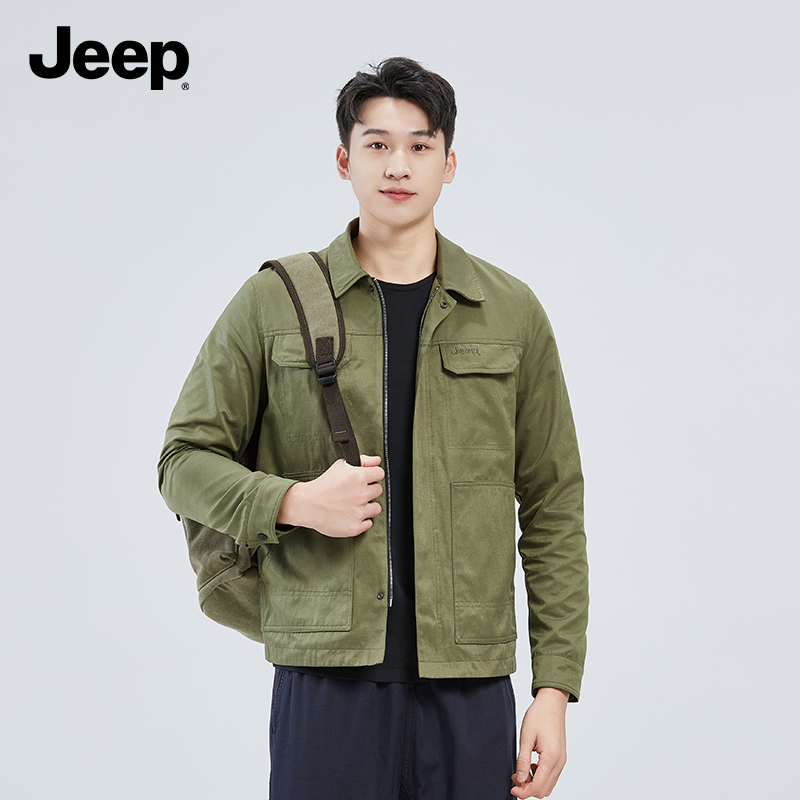 吉普（Jeep）新款男装夹克翻领修身工装刺绣扣子休闲上衣青年外穿