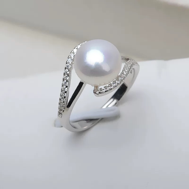 925银仿珍珠戒指 大颗珍珠微镶可调节开口戒12mm