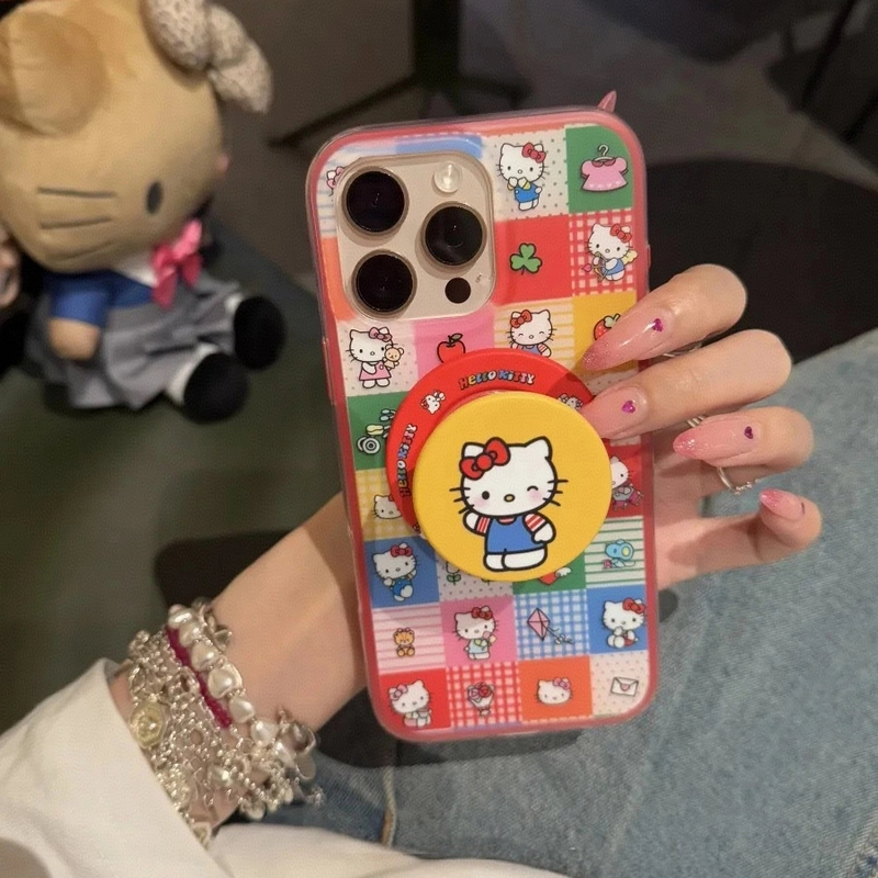 彩色拼接格纹猫咪磁吸适用于iPhone16promax手机壳15少女14可爱13