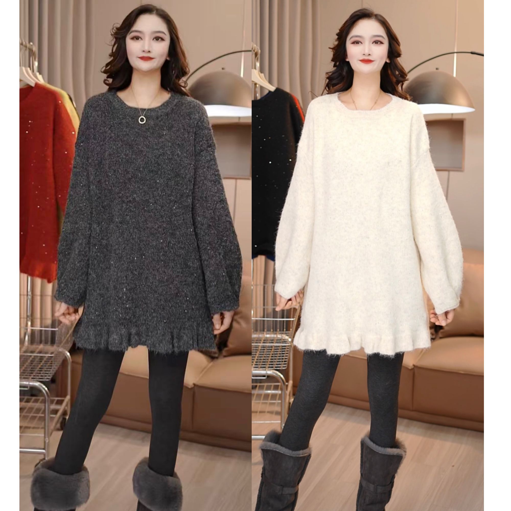 2025新款针织慵懒风女圆领亮片下摆花边毛衣秋冬韩版显瘦9275#