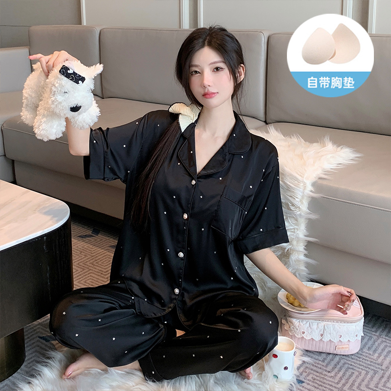 2025夏季新款开衫冰雪丝短袖三件套带胸垫套装休闲大码冰丝套