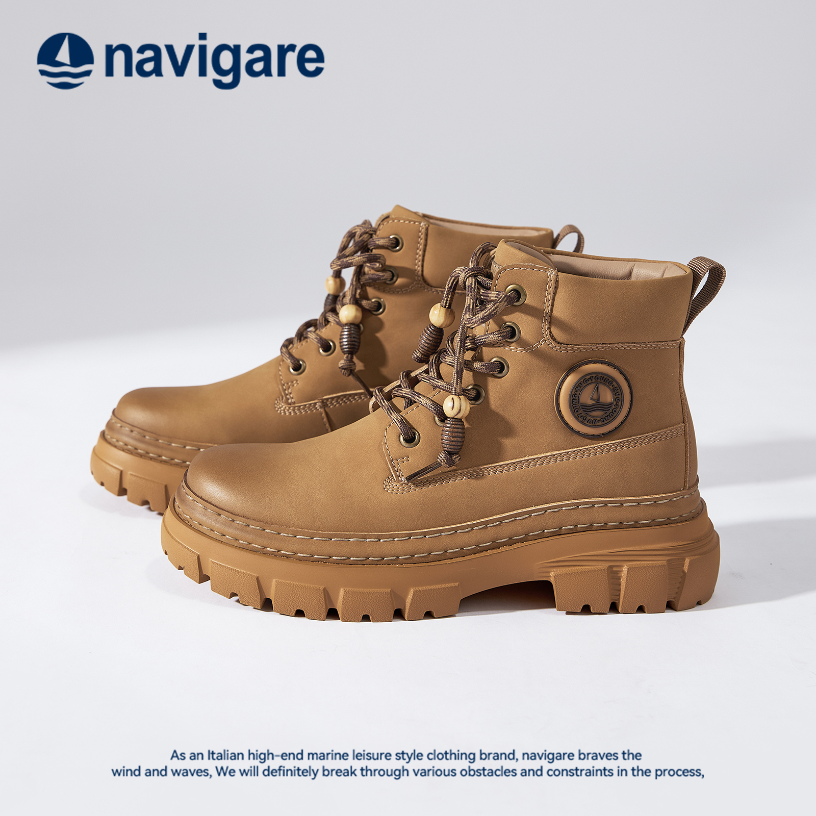 Navigare意大利小帆船女鞋真皮工装风增高马丁靴时尚经典秋冬
