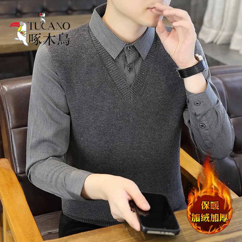 啄木鸟假两件毛衣男士秋冬新款打底衫时尚百搭潮流长袖t恤上衣男