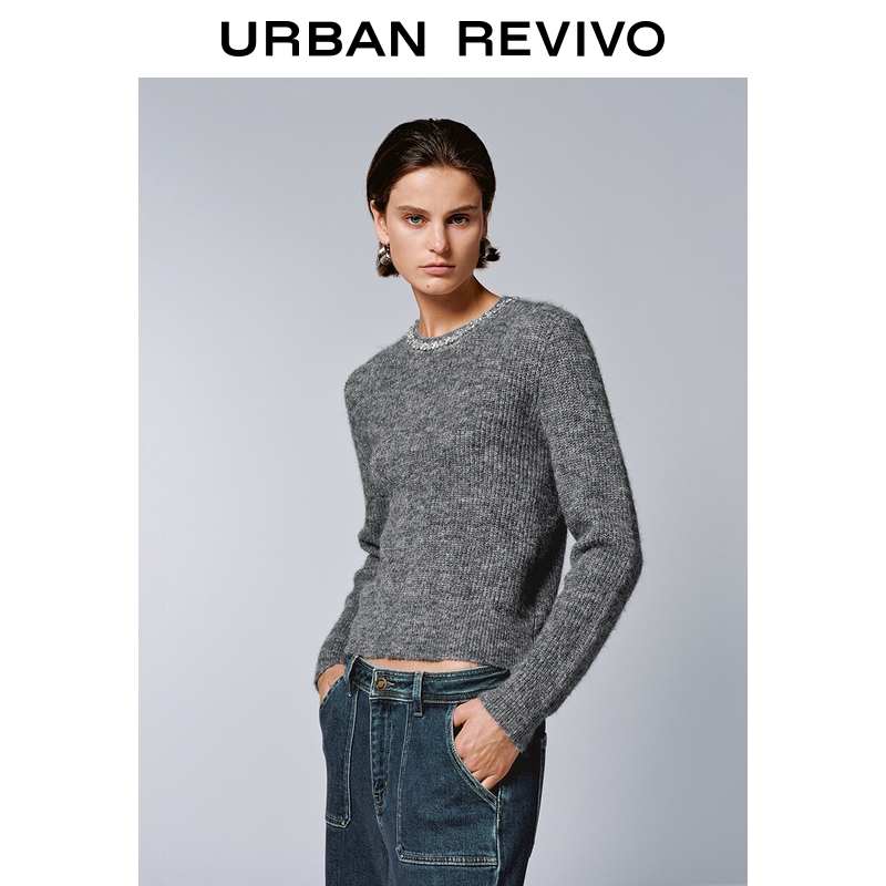 UR2026春季新款女装气质简约钻饰纽扣圆领针织衫UWM950140