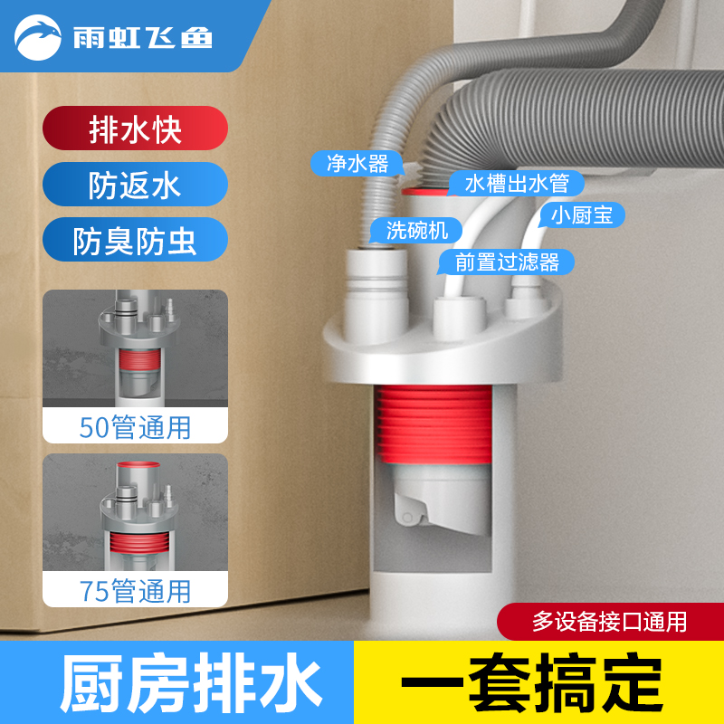 雨虹飞鱼厨房下水管三通水槽洗菜盆洗碗池净水器排水管道防臭神器