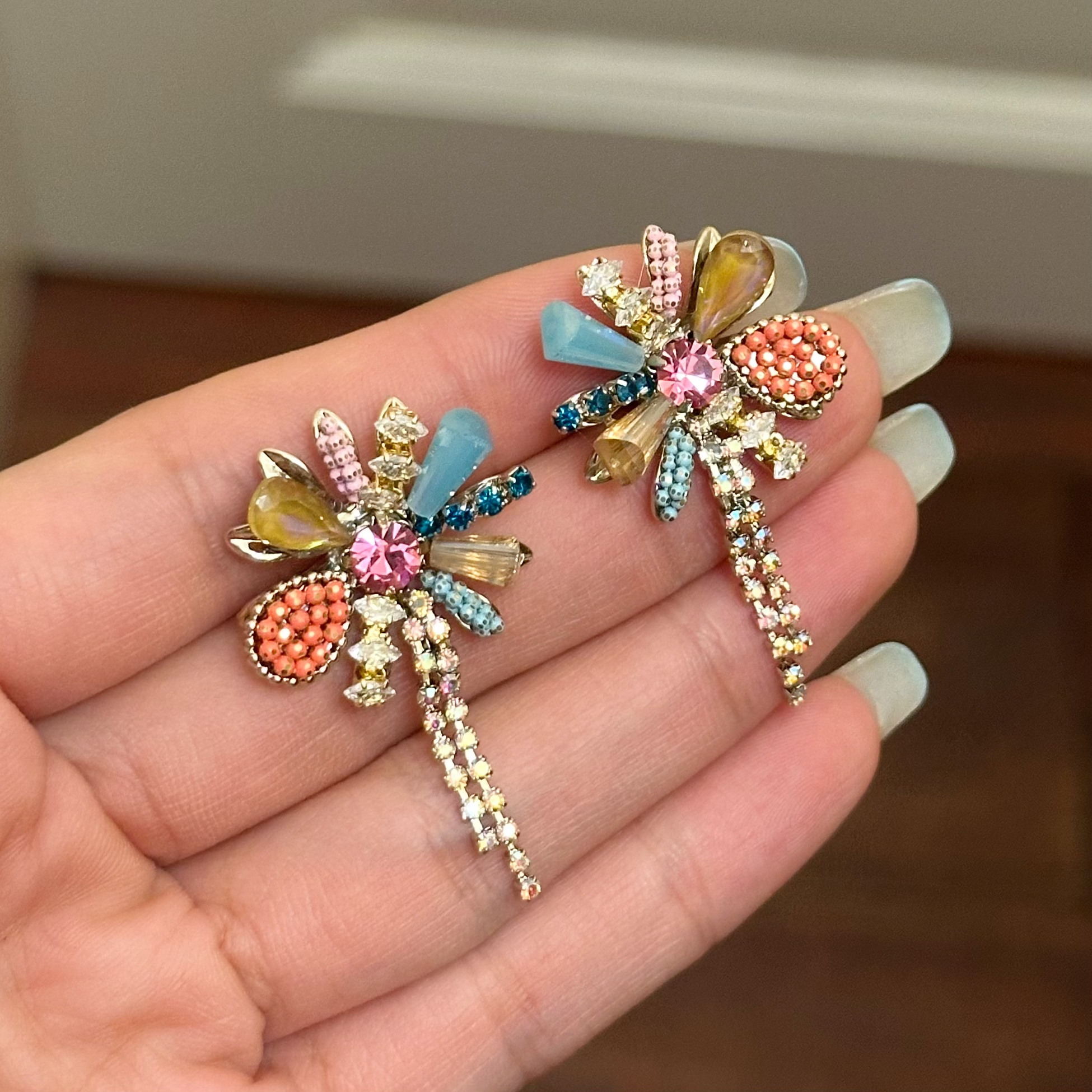 铜合金合成锆石耳饰 E0461 东大门手工定制花卉彩色流苏耳环