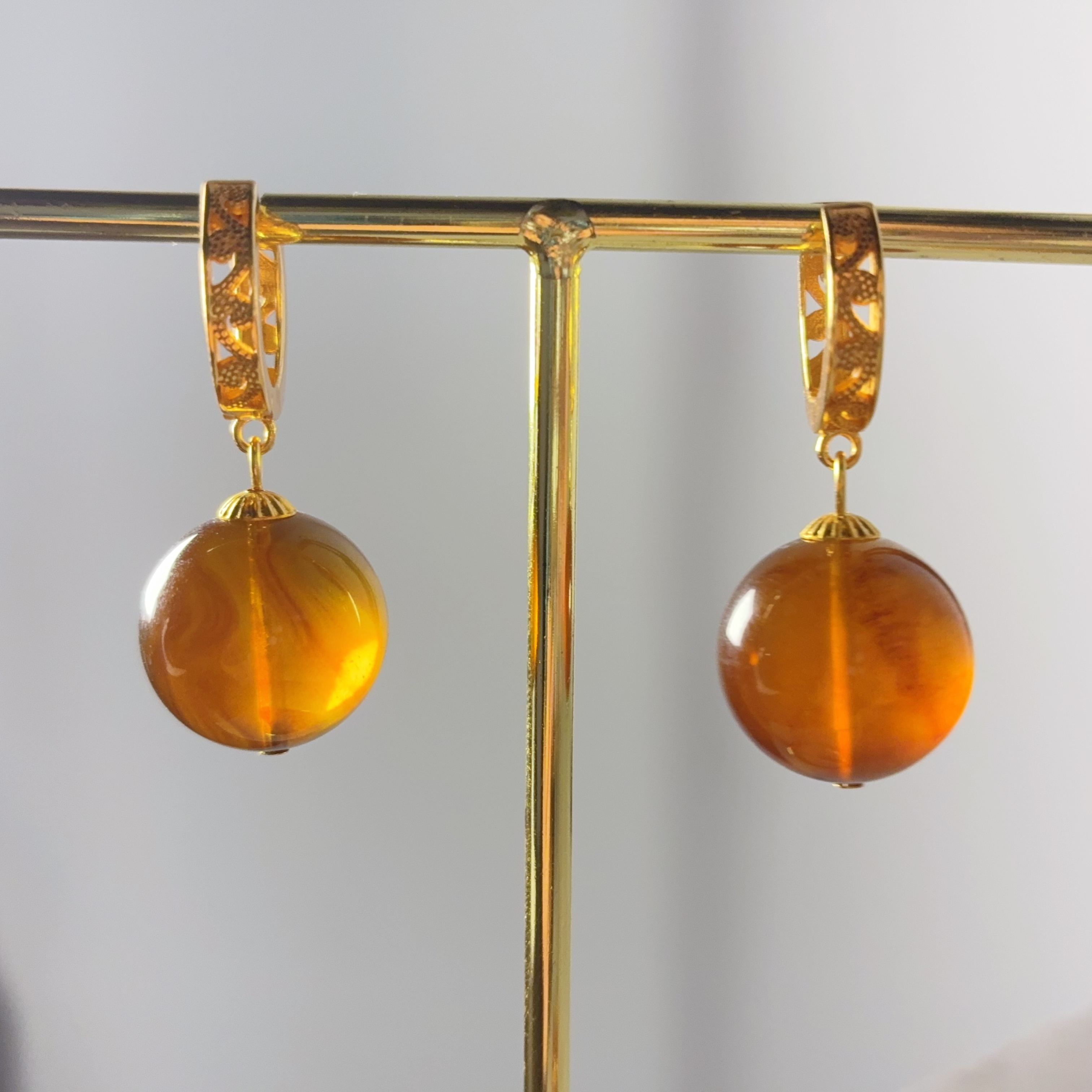 15mm天然圆珠灵草珀紫罗兰耳扣简约精致气质百搭