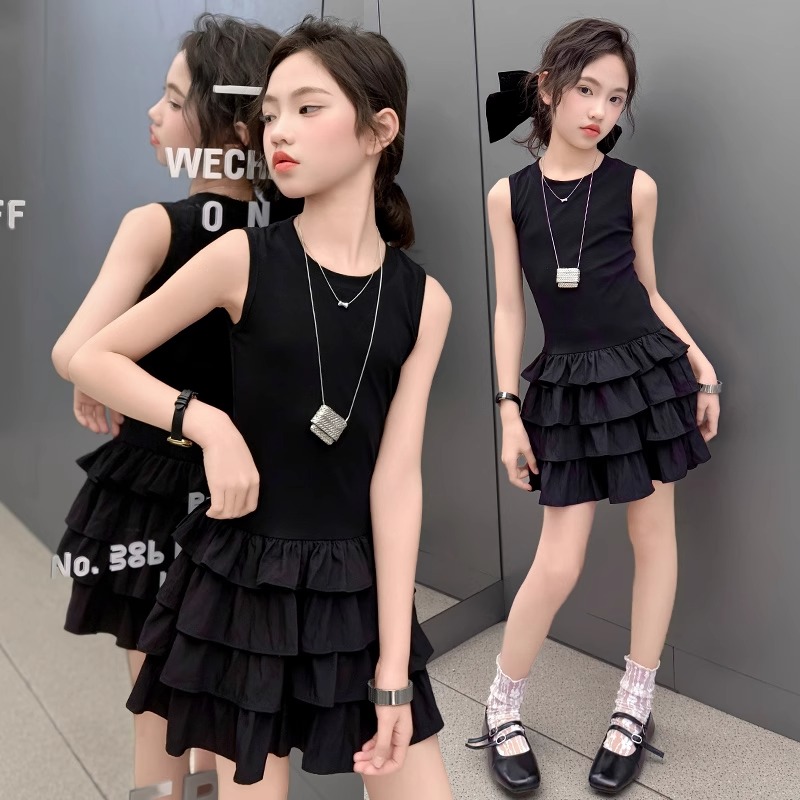 女童小黑裙夏季2025新款儿童无袖吊带连衣裙女孩洋气背心女童裙子