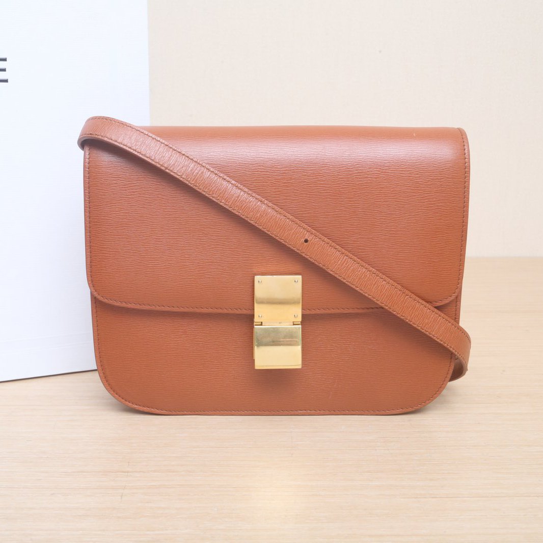 95新 Celine/思琳 【双双】Classic Box 中号 焦糖色 皮革C 金扣