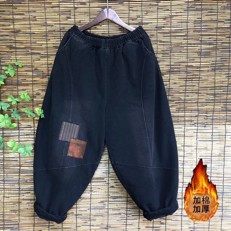 冬季新款加棉加厚牛仔哈伦裤女宽松长裤时尚贴布显瘦老爹裤潮