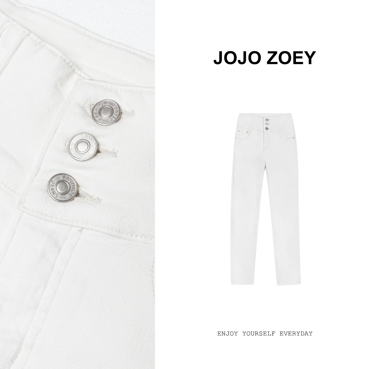 JOJO ZOEY【白色音符】白色高腰牛仔裤女加绒弹力修身铅笔裤kz-4469