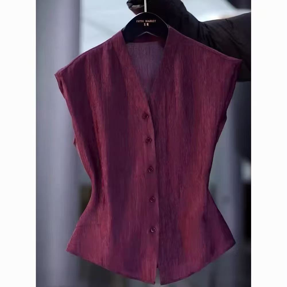 夏季新款女士高级感V领无袖衬衫时髦气质显白上衣