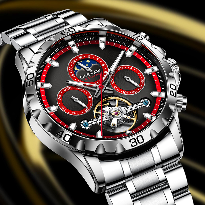 男士全自动机械表陀飞轮日历星期多功能夜光防水大表盘奢华腕表