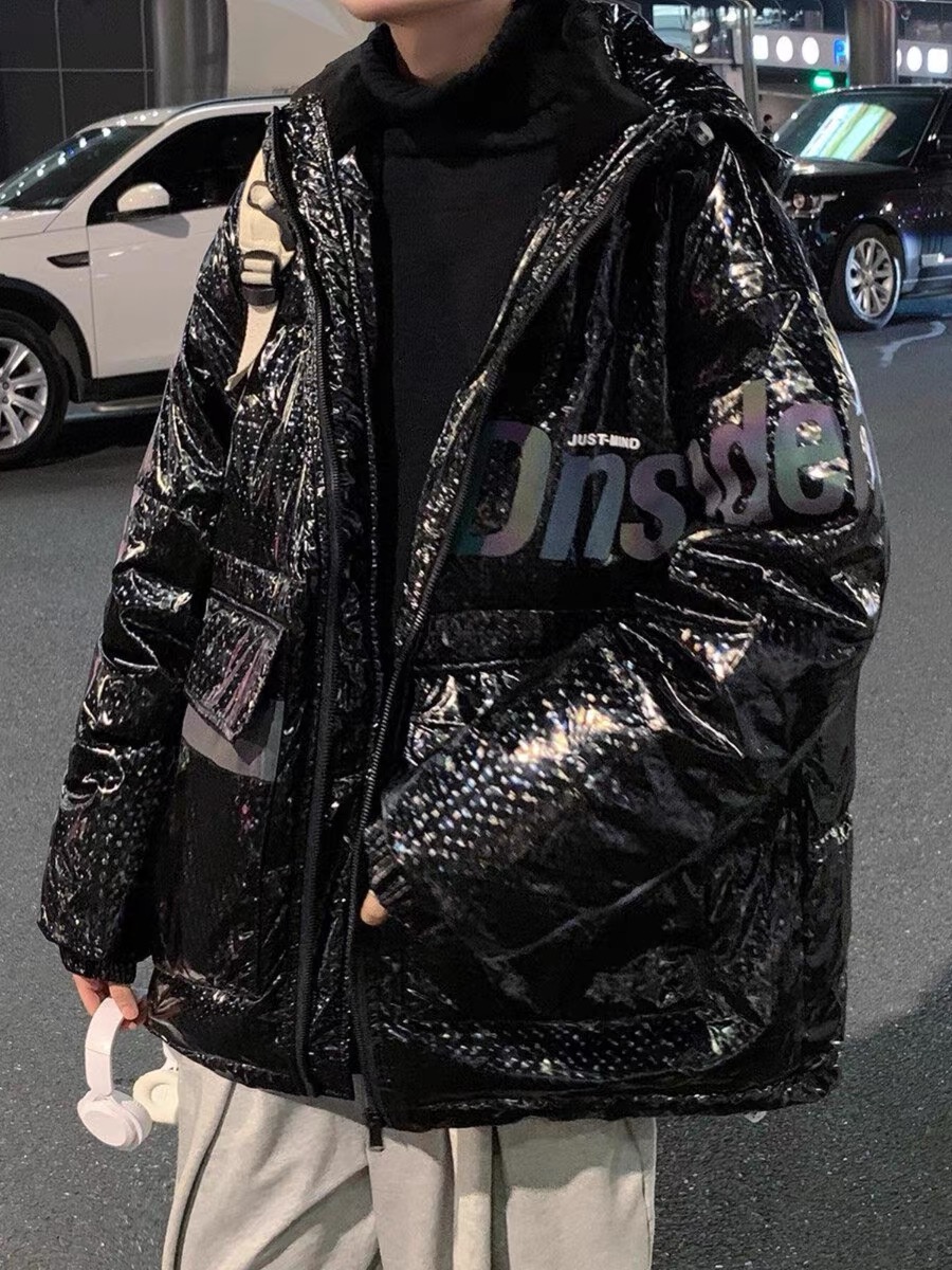 899 新款潮牌冬季黑色免洗亮面羽绒服宽松时尚白鸭绒外套