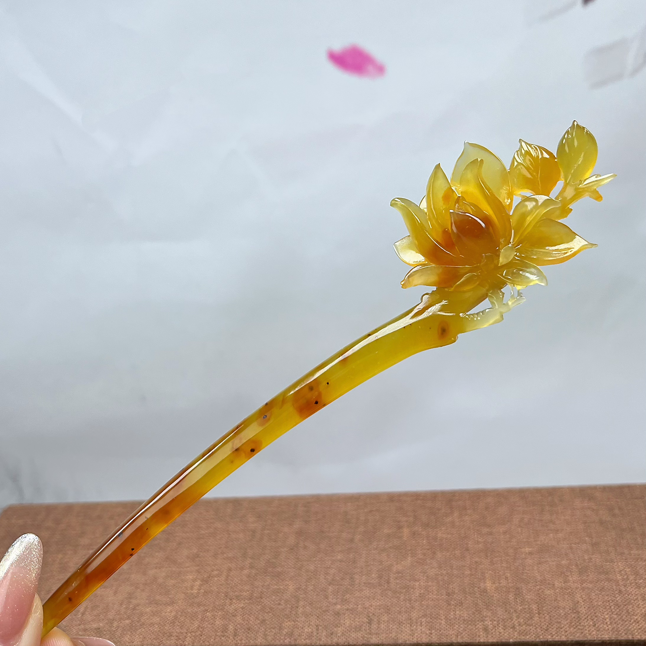 岫玉高品质花玉玉兰发簪 整体长度19cm 入发长度13.5cm