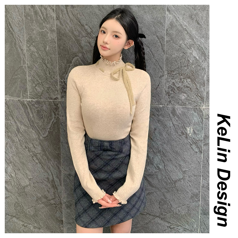 针织打底衫女秋冬新款休闲设计感甜美可爱休闲木耳边蝴蝶结上衣