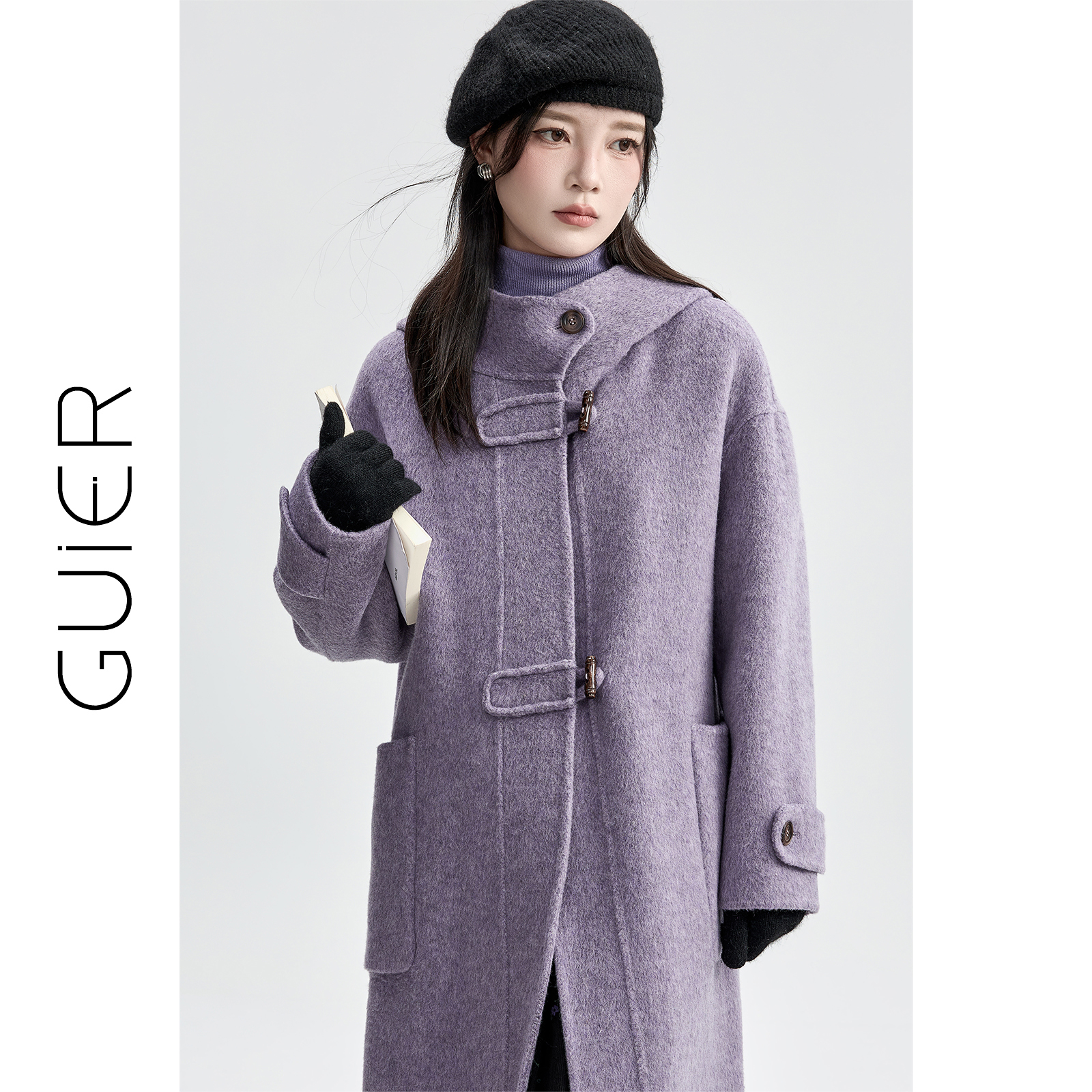 「GUIER」紫色毛呢外套女2025冬季牛角扣连帽高级双面呢大衣MS7154