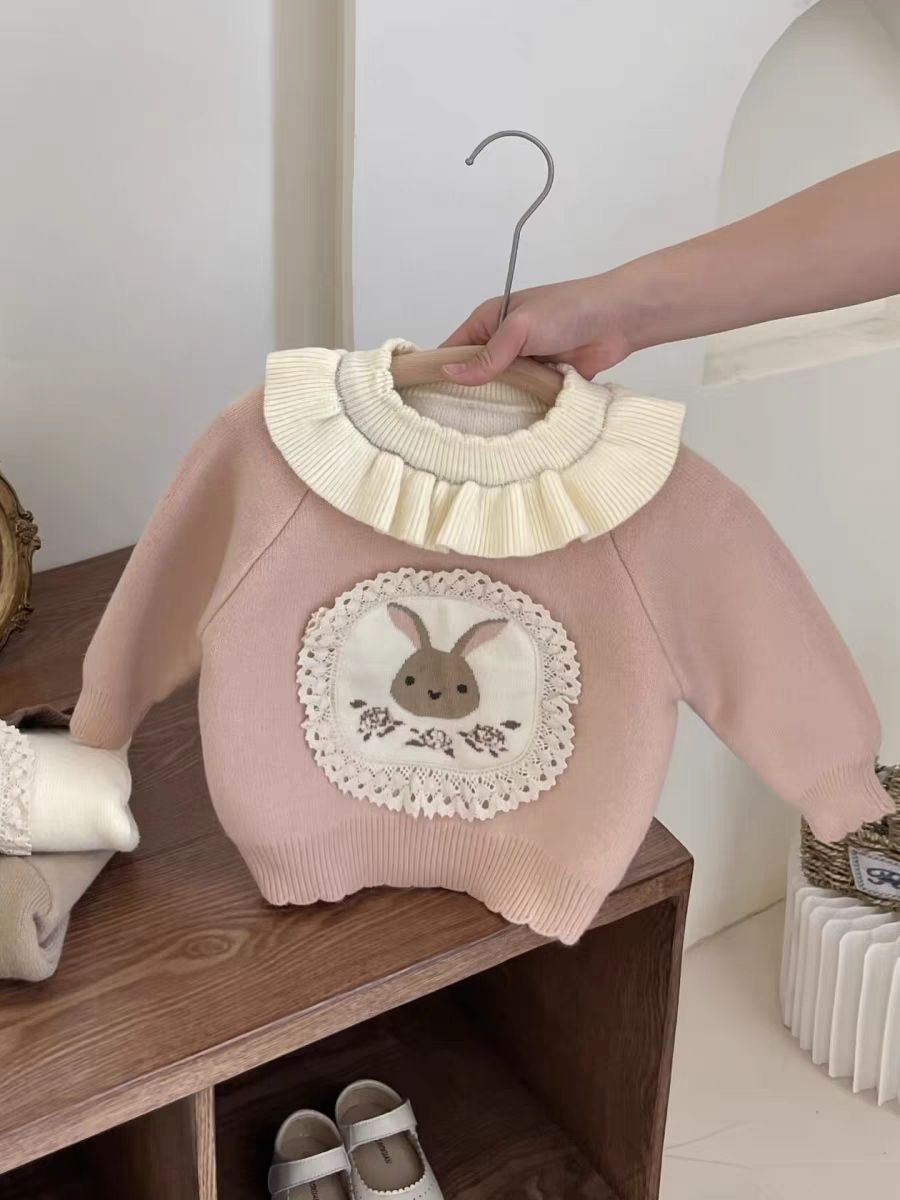 韩版女童公主风长袖圆领花边小兔子毛衣针织衫上衣韩版套头加厚