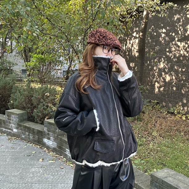 人造皮草 复古加绒欧美立领双面穿ins皮衣机车百搭加厚款秋冬时尚